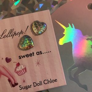 Mermaid iridescent hologram unicorn earrings heart candy rainbow Barbie dollbaby